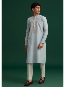 KALKI FASHION - Sky Blue Silk Hand Embroidered Kurta with Pant (Set of 2)