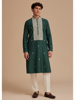 KALKI FASHION - Bottle Green Silk Embroidered Kurta with Pant (Set of 2)