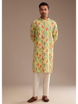 KALKI FASHION - Lime Green Silk Leaf Printed Kurta with Pant (Set of 2)