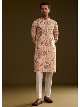 KALKI FASHION - Cream Brown Silk Floral Printed Kurta with Pant (Set of 2)