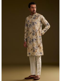 KALKI FASHION - Cream Blue Silk Floral Printed Kurta with Pant (Set of 2)