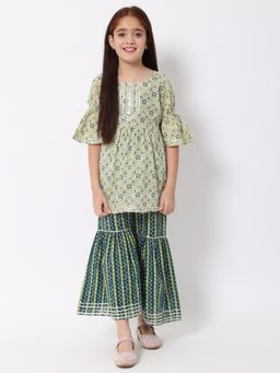 Readiprint - Frock Style Cotton Fabric Green Kurta with Sharara (Set of 2)