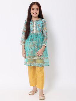 Readiprint - Organza Sea Green Printed Frock with Pyjama (Set of 2)