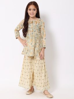 Readiprint - Frock Style Cotton Beige Printed Kurti with Sharara (Set of 2)