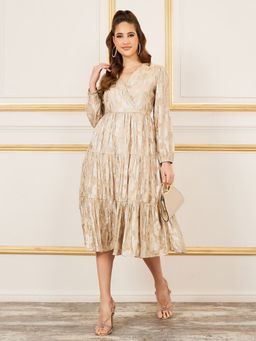 Styli - Women Beige Foil Textured Tiered Midi Dress