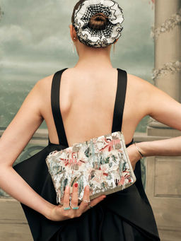 Accessorize London - Women's Cream Floral Embellished Tassel Clutch with Detachable Chain