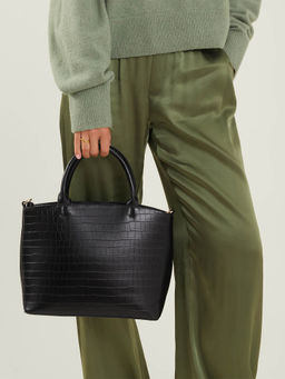 Accessorize London - Women's Black Faux Croc Handbag with Detachable Strap Bag with Detachable Strap