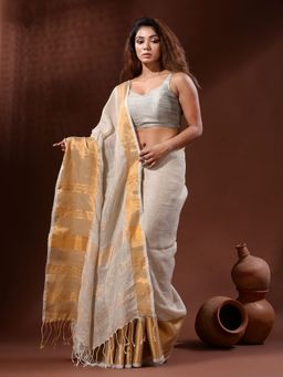 CHARUKRITI - off White Linen Handwoven Saree with Zari Borders with Unstitched Blouse