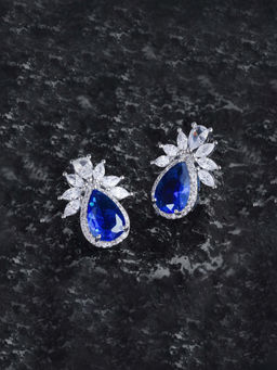 Designs & You - Womens Silver Plated Blue American Diamond Studded Teardrop Stud Earrings