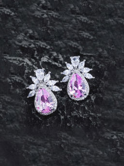 Designs & You - Womens Silver Plated Pink American Diamond Studded Teardrop Stud Earrings
