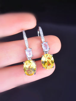 Designs & You - Womens Silver Plated Yellow American Diamond Studded Oval Shaped Teardrop Earrings