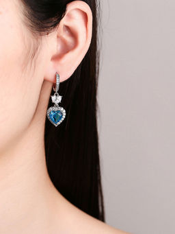 Designs & You - Womens Blue Silver Plated American Diamond Studded Heart Shaped Hoop Earrings