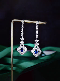 Designs & You - Women Silver Plated Blue American Diamond Studded Floral Shaped Teardrop Earrings