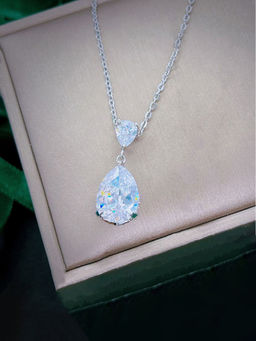 Designs & You - White Silver Plated Cubic Zirconia Studded Teardrop Shaped Necklace