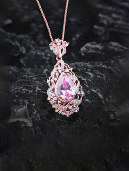 Designs & You - Pink Rose Gold Plated Cubic Zirconia Studded Teardrop Shaped Necklace