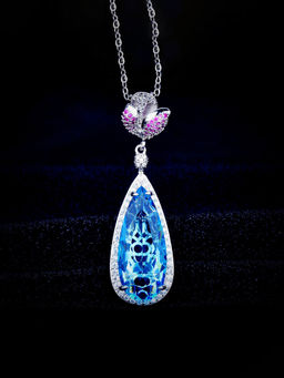 Designs & You - Blue Silver Plated American Diamond Studded Teardrop Shaped Necklace