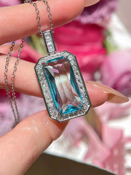 Designs & You - Blue Silver Plated Cubic Zirconia Studded Square Shaped Necklace