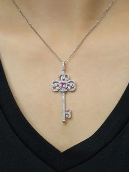 Designs & You - Pink Silver Plated American Diamond Studded Key Shaped Necklace