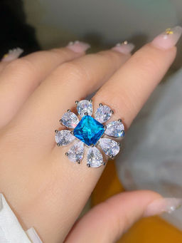 Designs & You - Womens Blue Floral Silver Plated Cubic Zirconia Studded Adjustable Ring
