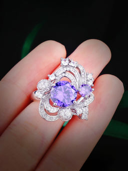 Designs & You - Purple Silver Plated Cubic Zirconia Studded Adjustable Ring