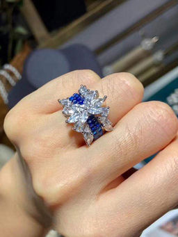 Designs & You - Blue Silver Plated Crystal Stone Studded Anti Tarnish Adjustable Ring