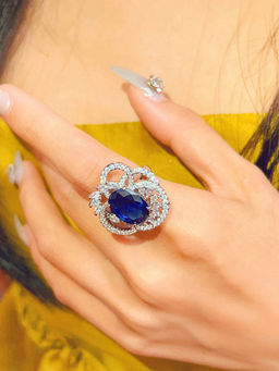 Designs & You - Blue Silver Plated Cubic Zirconia Stone Studded Adjustable Ring