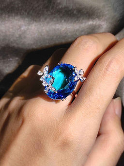 Designs & You - Blue Silver Plated Cubic Zirconia Studded Adjustable Ring