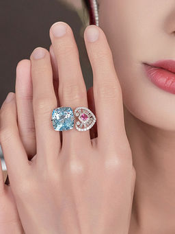 Designs & You - Multi-Color Silver Plated Crystals Stone Studded Adjustable Ring