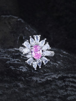 Designs & You - Womens Silver Plated Pink Crystal Stone Studded Ring