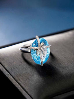 Designs & You - Blue Silver Plated American Diamond Studded Anti Tarnish Ring