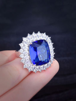 Designs & You - Blue Silver Plated Cubic Zirconia Studded Ring