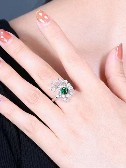 Designs & You Green Silver Plated Cubic Zirconia Studded Ring