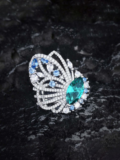 Designs & You Green Silver Plated Cubic Zirconia Studded Adjustable Ring
