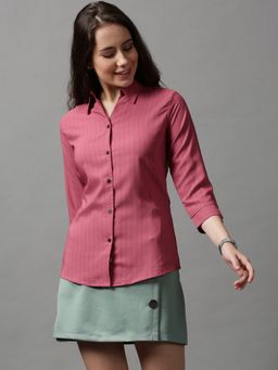 SHOWOFF - Women's Spread Collar Striped Mauve Polyester Shirt
