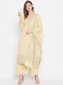 Safaa - Light-Lemon Cotton Jacquard Chikankari Unstitched Suit With Dupatta (Set of 3)