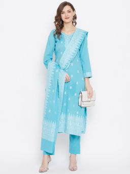 Safaa - Ferozi Cotton Jacquard Chikankari Unstitched Suit With Dupatta (Set of 3)