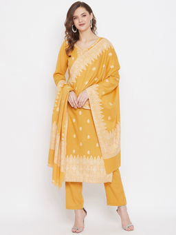 Safaa - M-Yellow Cotton Jacquard Chikankari Unstitched Suit With Dupatta (Set of 3)