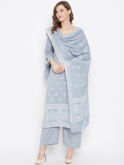 Safaa - Grey Cotton Jacquard Chikankari Unstitched Suit With Dupatta (Set of 3)