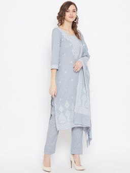 Safaa - Grey Cotton Jacquard Chikankari Unstitched Suit With Dupatta (Set of 3)