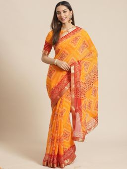 Akhilam - Orange Embellished Saree With Unstitched Blouse