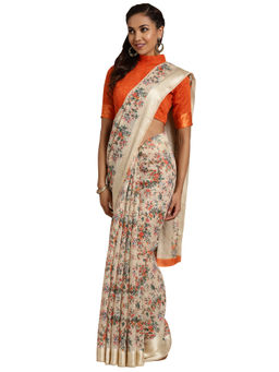 Sareemall - Beige Floral Printed Cotton Silk Saree With Unstitched Blouse Piece