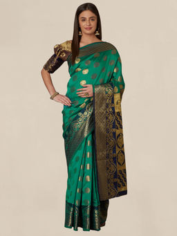 Akhilam - Green Geometric Handloom Saree With Unstitched Blouse