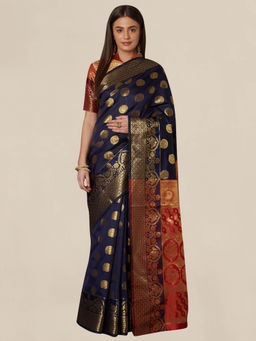 Akhilam - Navy Blue Geometric Handloom Saree With Unstitched Blouse