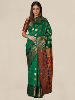 Akhilam - Green Geometric Handloom Saree With Unstitched Blouse
