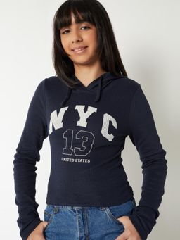 max - Girls Printed Hooded T-Shirt Navy Blue