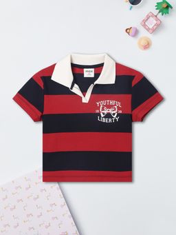 max - Girls Striped Johnny Collar Polo T-Shirt Burgundy
