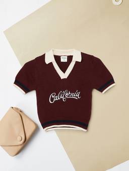 max - Girls Ribbed Polo T-Shirt Burgundy
