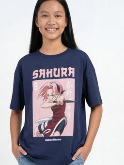 max - Girls Sakura Print Oversized T-Shirt Navy Blue