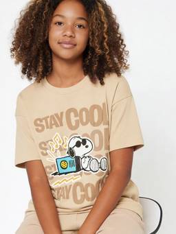 max - Girls Snoopy Print Oversized T-Shirt Beige