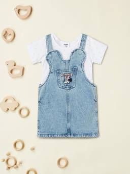 max - Girls Minnie Mouse Denim Dungaree with T-Shirt Blue